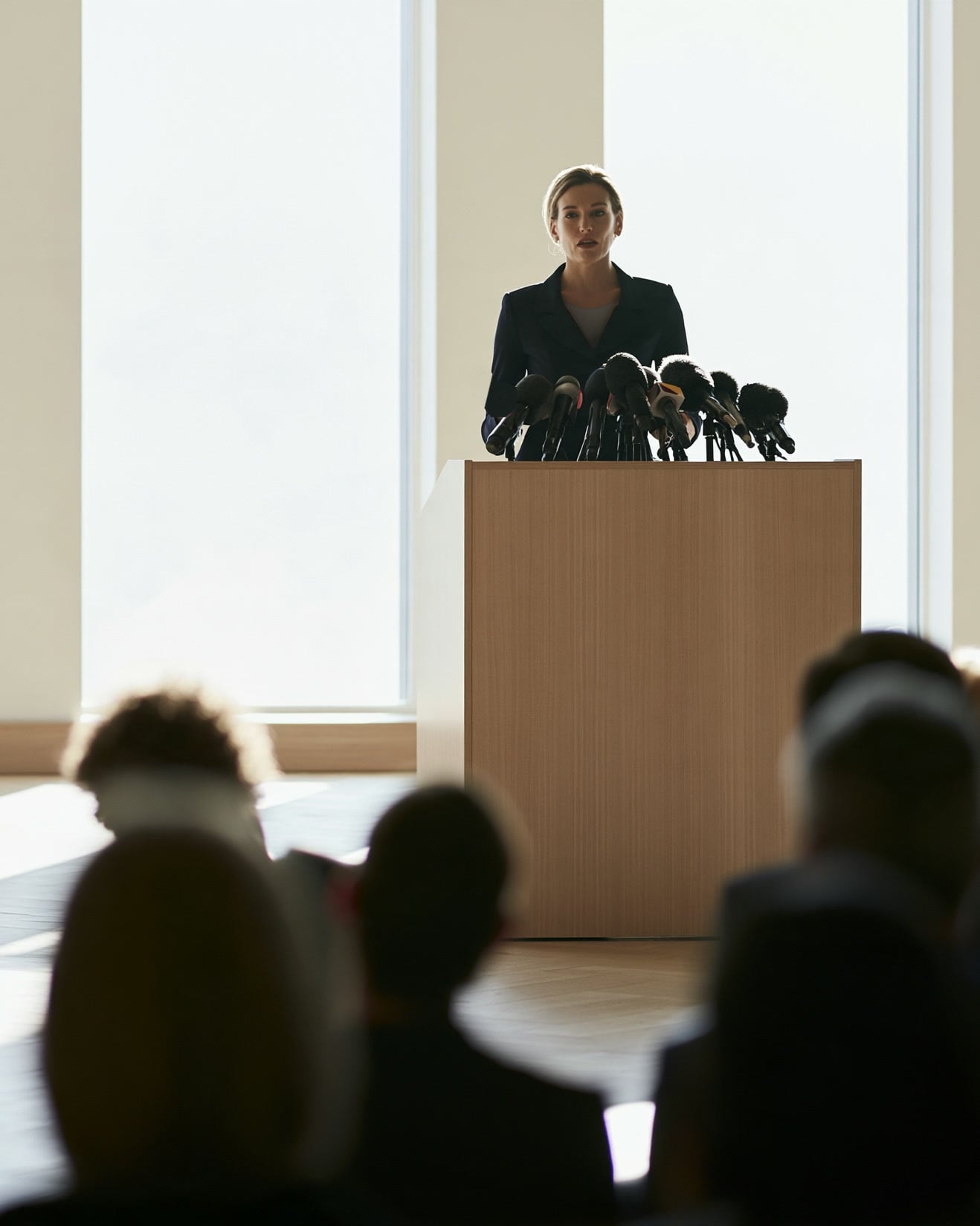 A speaker at a podium of press microphones, an audience in silhouette before her